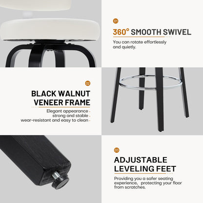 WOOW DEPOT Swivel Counter Height Bar Stools Set of 3, 29" Upholstered Faux Leather Barstools with Back, Mid Century Modern Counter Stools with Black Walnut Wood Legs for Kitchen Island, White