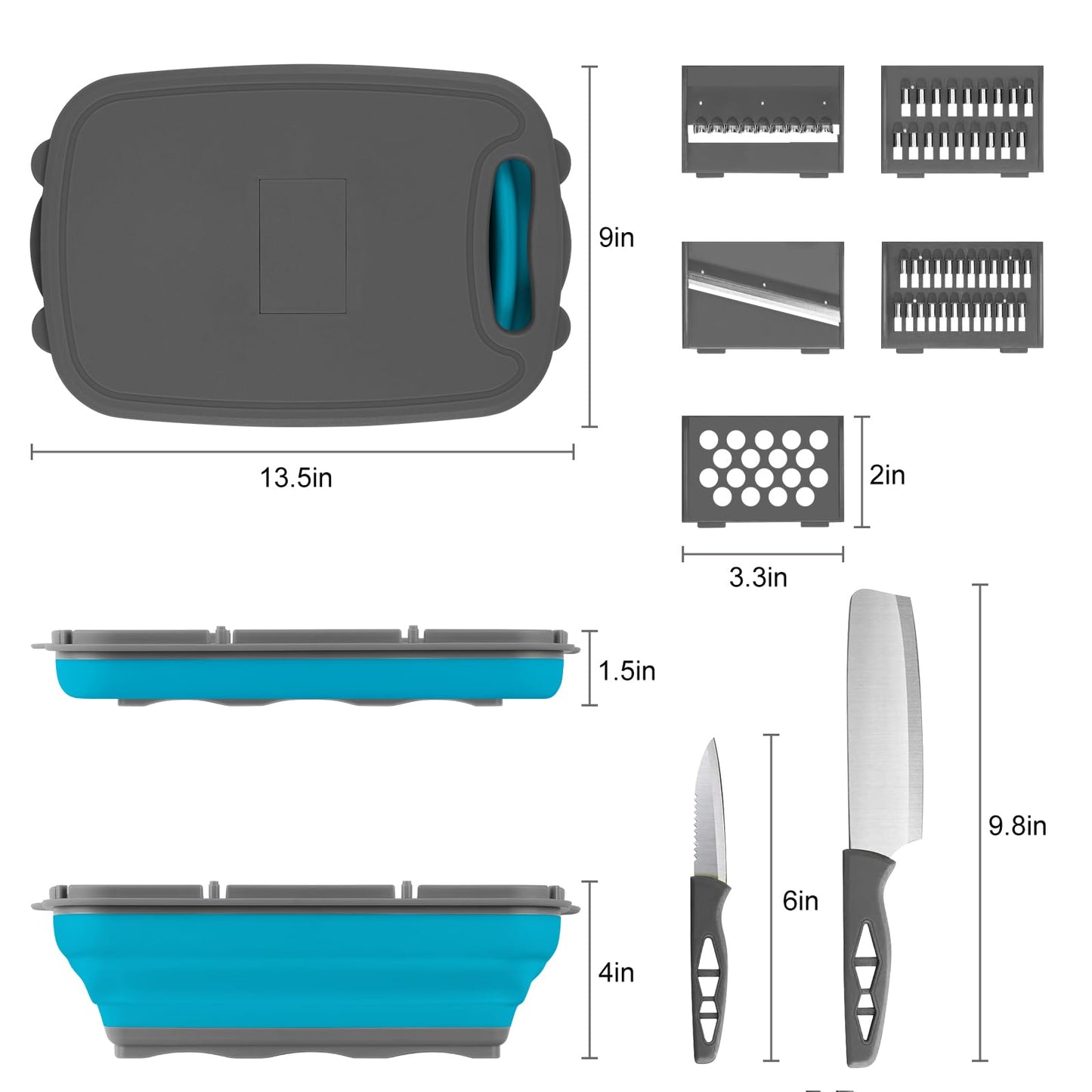 Gintan Camping Cutting Board, 9-in-1 Collapsible Chopping Board with Colander, Kitchen Vegetable Washing Basket for Camping, Camping Gifts Camping Accessories for RV Campers (Blue+Grey)