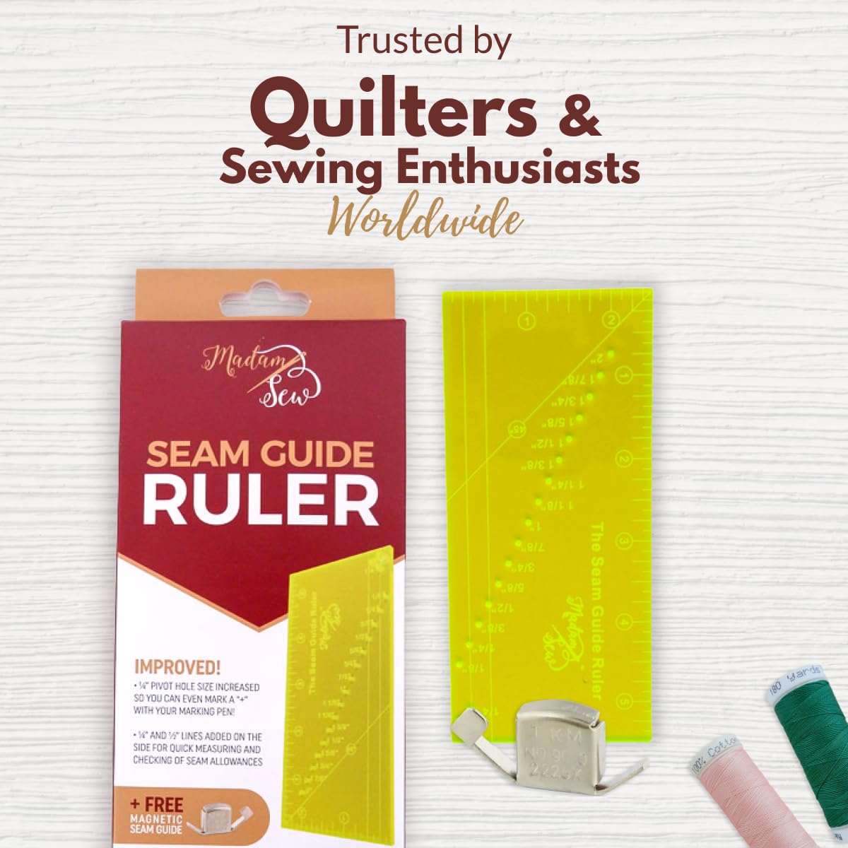 Madam Sew Seam Allowance Ruler & Magnetic Seam Guide for Sewing Machine | Perforated Seam Guide Ruler & Gauge for Perfect 1/8”- 2” Straight Line Hems | Includes 1/4” Pivot Point & 45 Degree Trim Line
