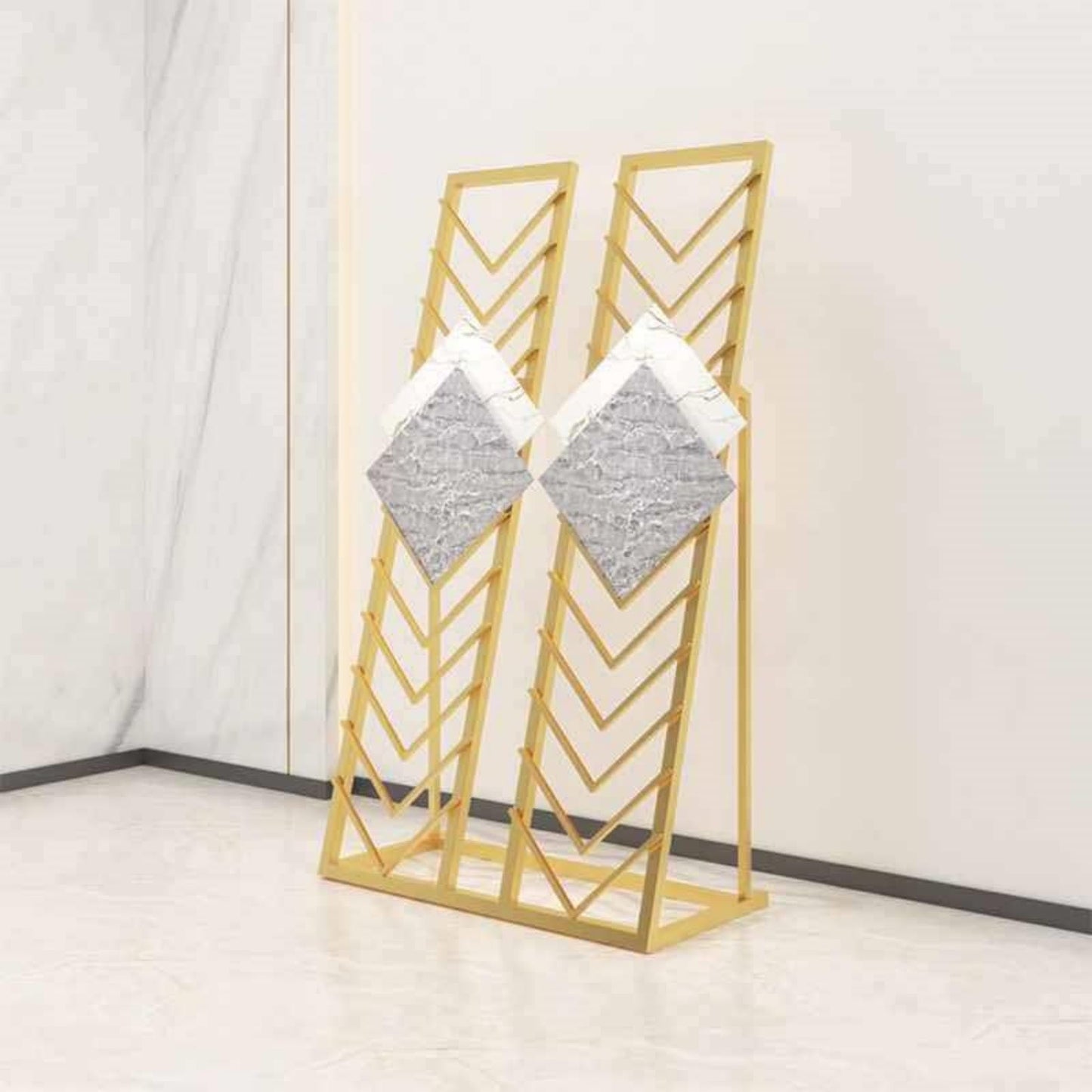 Metal Ceramic Tile Display Rack, Standing Slotted Flooring Display Shelf, Large Floor Storage for Tiles, Wooden Floor Sample Holder for Showroom & Retail Use (Double Row)(Gold,Small)