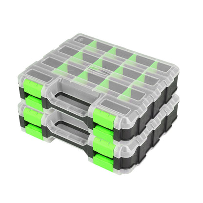 Tool Box with Transparent Lid, Double Side 34-Compartments Organizer Box with Removable Dividers for Hardware, Screws, Bolts, Nails, Beads, Jewelry and Fishing Accessories, Green, 2 Packs