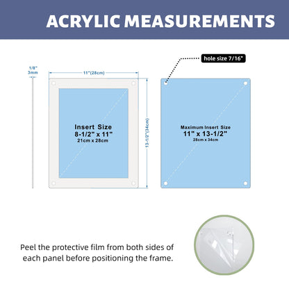 Premium Floating Acrylic Picture Frame with Polished Edges & Silver Aluminum Standoffs - Easy Wall Mount Kit Included: drill Bit, Level, Template. (Silver, Insert Size 8.5"x11", Full Frame 11"x13.5")