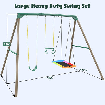 Hapfan 9.5' Tall Swing Sets for Backyard with Platform Swing, Heavy Duty Metal Swingset Outdoor for Kids with Trapeze Bar (Green and Brown)