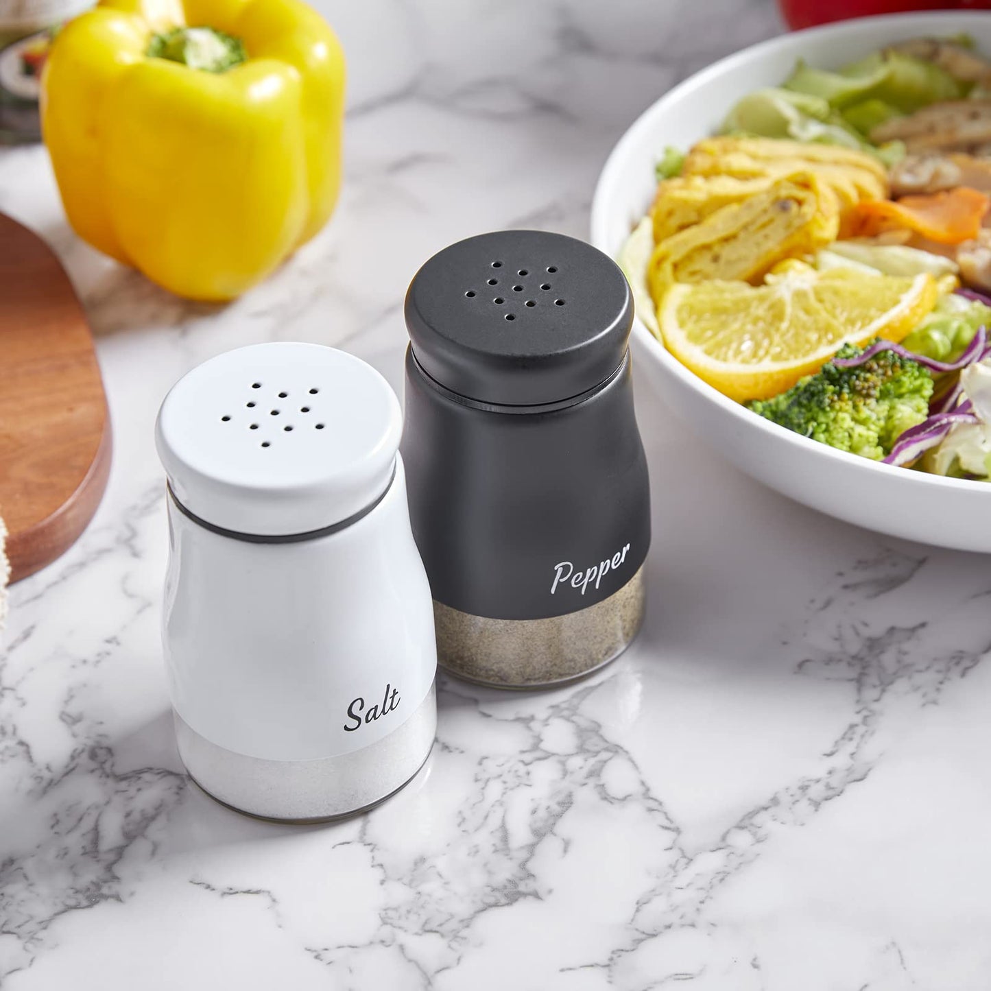 Salt and Pepper Shakers Set, Bivvclaz 5 Ounce Salt and Pepper Dispenser with Glass Bottom, Cute Salt and Pepper Shakers for Modern Home Kitchen Decor, Easy Filling