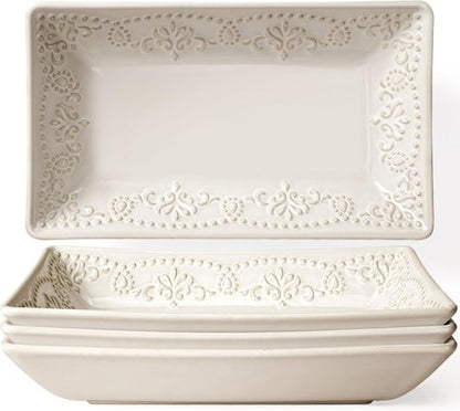 Artena Ceramic Rectangle Plates Set of 4 - Deep Lipped Edges for Appetizers & Desserts | Microwave & Oven Safe (Damask Floral)
