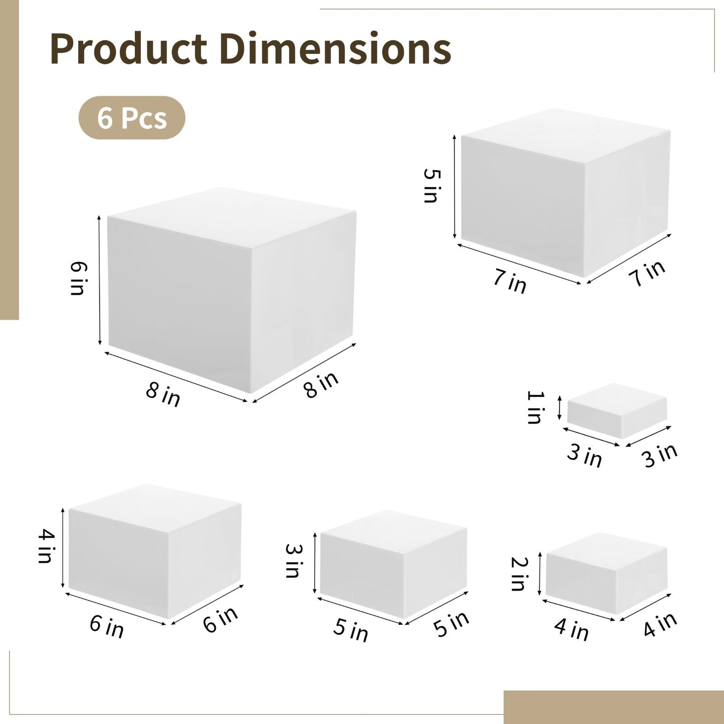 6 Pcs Buffet Display Risers, 3 to 8 Inch White Acrylic Showcase Boxes Set, Versatile Food & Dessert Display Stands with Hollow Bottoms, Ideal for Weddings, Parties, Jewelry & Retail Presentation