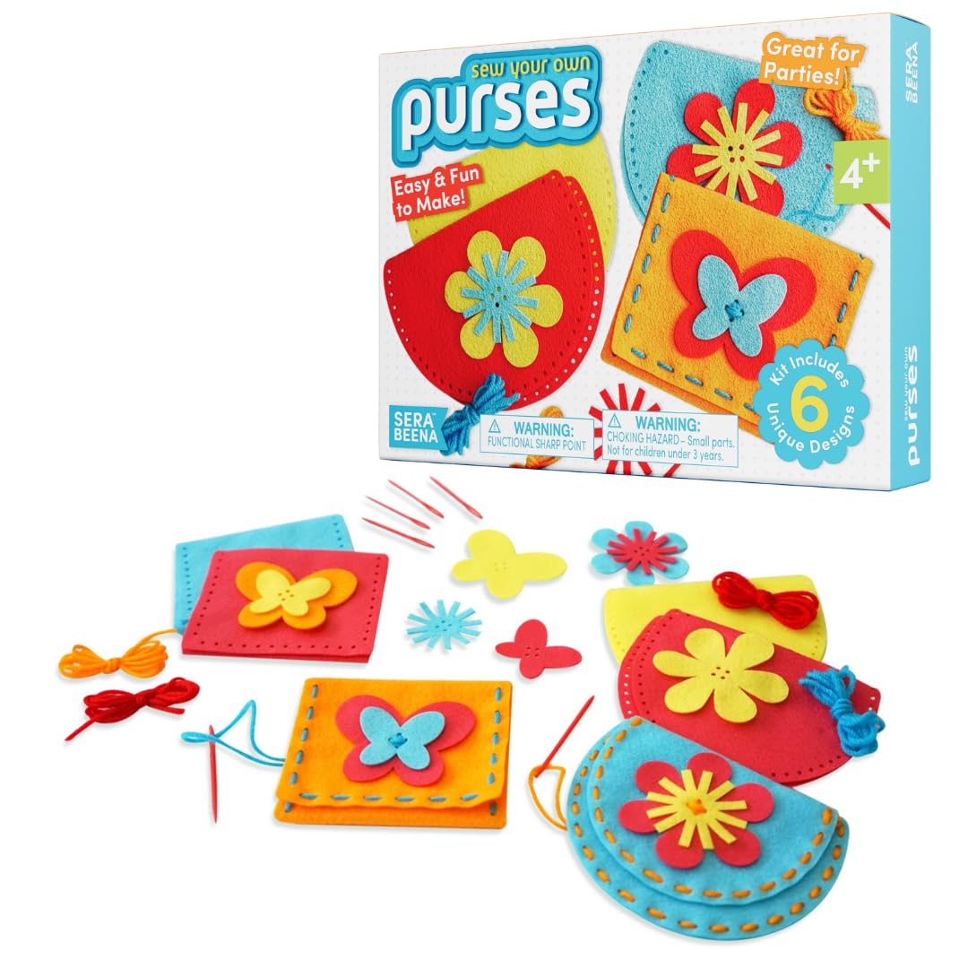 Serabeena Sew Your Own Purses - Sewing Kit for Kids - Felt Crafts for Kids - Sewing Ages 4-8 Plus - Felt Kit - Helps Develop Fine Motor Skills - DIY Kits with 6 Purses & Accessories