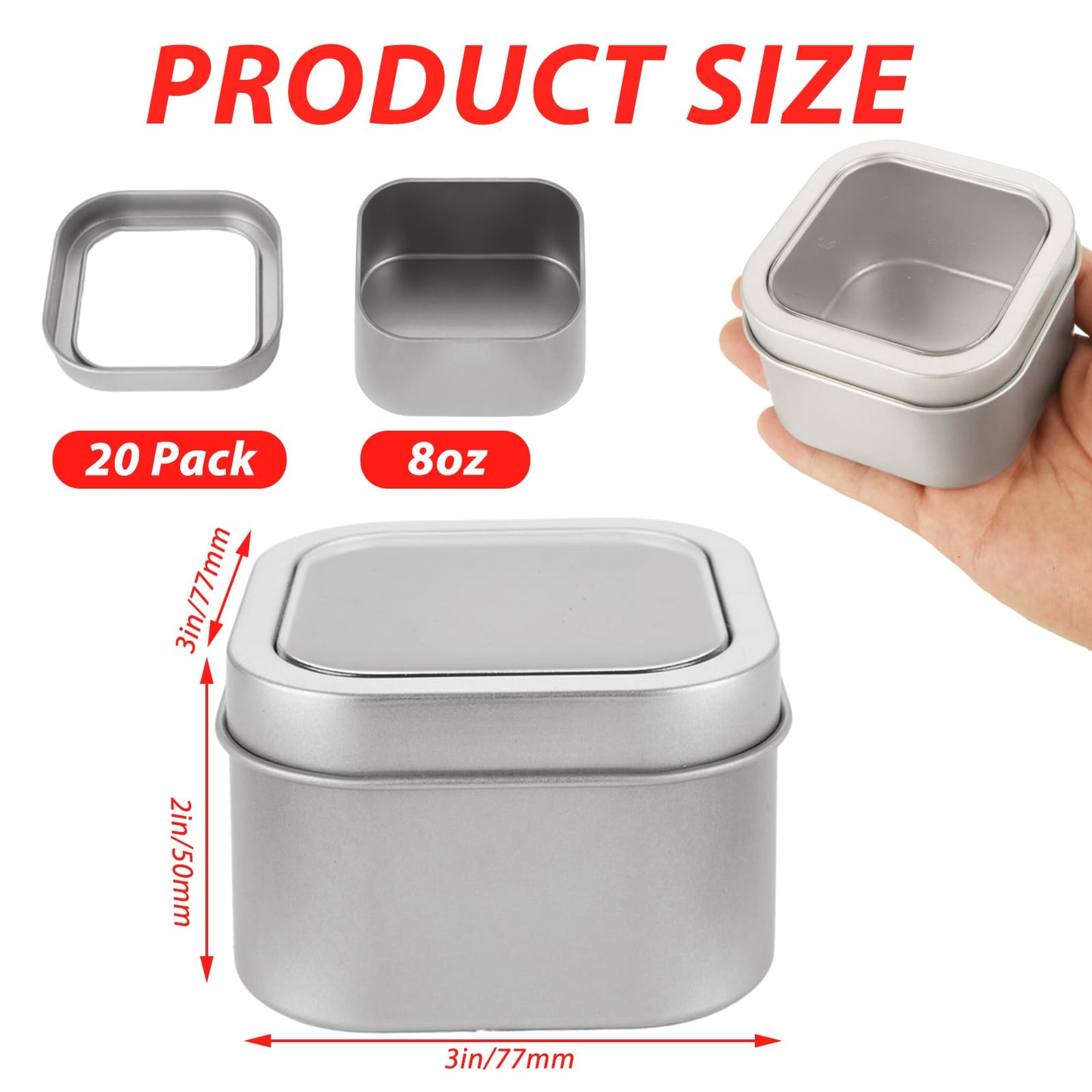 LDXDRU 20Pcs 8oz Metal Tin Cans, Square Empty Containers with Clear Top, Tin Containers With Lids for Candles Salve Cosmetic Candies Food Storage