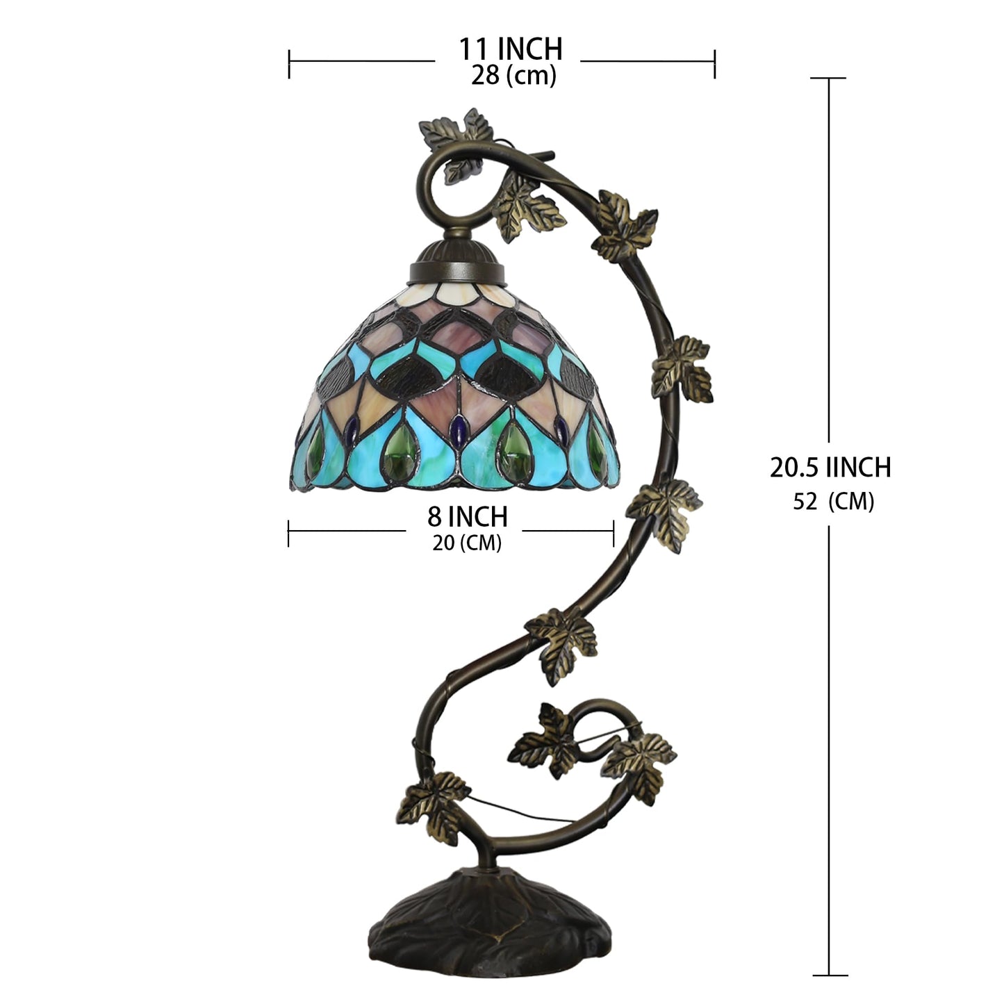 ZYLINX Tiffany Lamp Stained Glass Style Table Lamp 8 x 10 x 21” Peacock Feather Bedside Reading Light with Arched Metal Leaf Base for Desk Bedroom Living Room Study