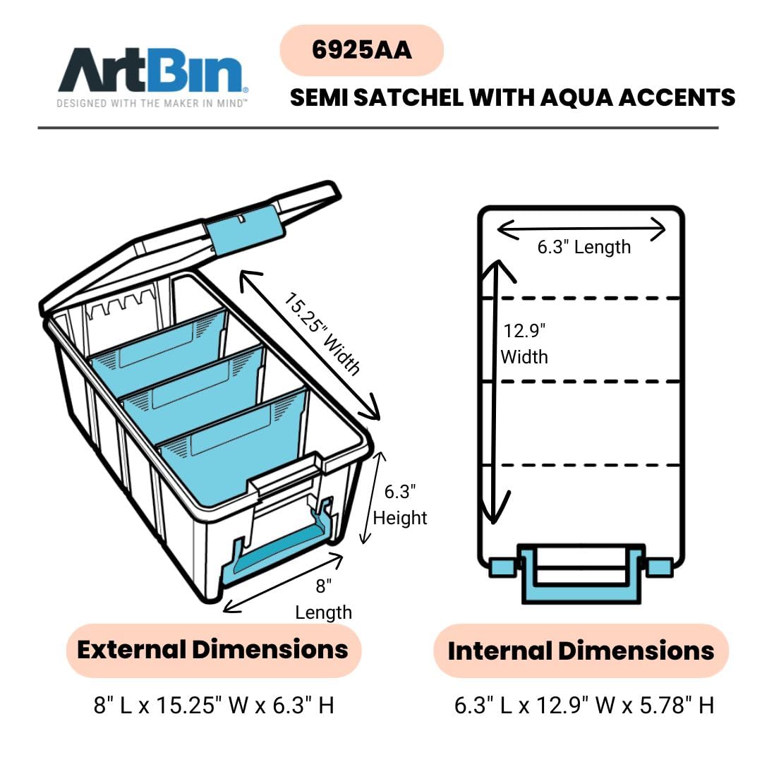 ArtBin 6925AA Semi Satchel with Removable Dividers, Portable Art & Craft Organizer with Handle, [1] Plastic Storage Case, Clear with Aqua Accents