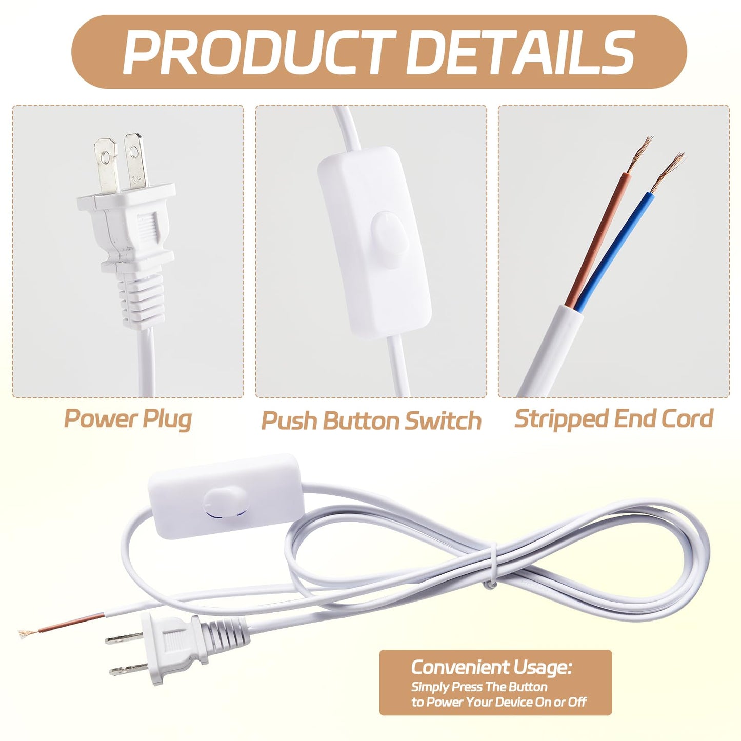 Conderyang 12 Packs Lamp Cord Set with Molded End Plug and Switch Pure Copper Extension Lamp Power Cord Replacement Rewire Kit Stripped Ends Ready for Wiring & DIY Repairing 6 Feet/1.8m White