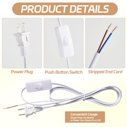 Conderyang 12 Packs Lamp Cord Set with Molded End Plug and Switch Pure Copper Extension Lamp Power Cord Replacement Rewire Kit Stripped Ends Ready for Wiring & DIY Repairing 6 Feet/1.8m White