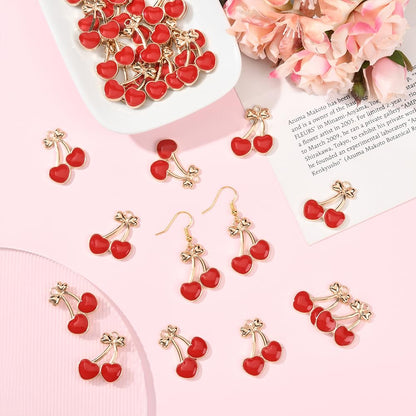 SUNNYCLUE 1 Box 30Pcs Enamel Fruits Charms Bulk Red Cherry Charm Gold Alloy Bowknot Design Mini Cute Food Cartoon Cherries Pendants for Jewelry Making Bracelets Necklace Earring DIY Crafts Accessories