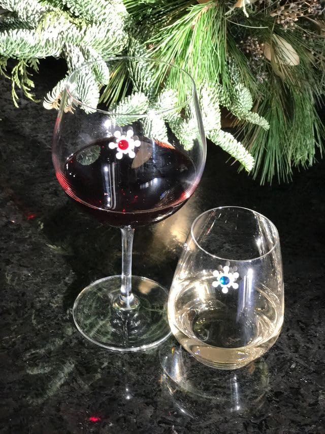 Magnetic Wine Glass Charms & Markers - Set of 8 - Crystal Snowflake for Christmas or Holiday Parties
