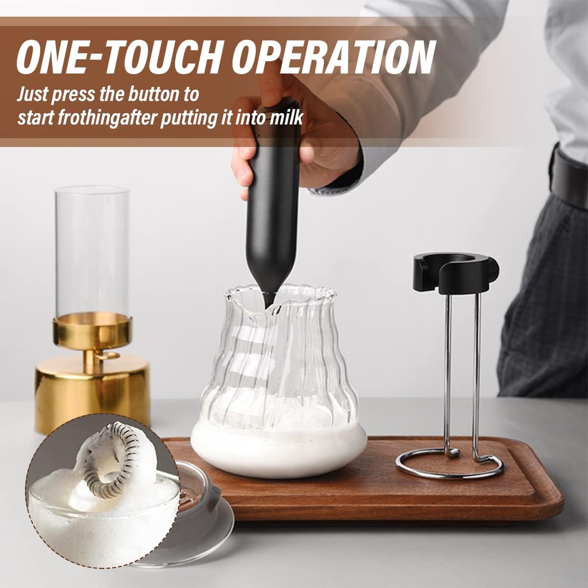 Rechargeable Handheld Milk Frother for Coffee, Electric Whisk with Wall Mounted Stand for Lattes, Hot Chocolate