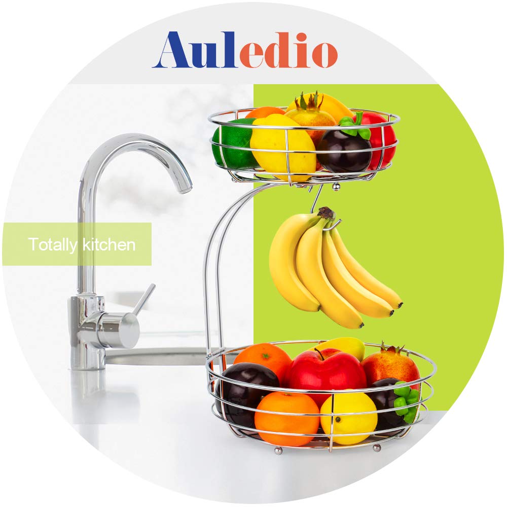 Auledio Iron 2-Tier Countertop Fruit Vegetables Basket Bowl Storage With Banana Hanger, Black, 64 ounces