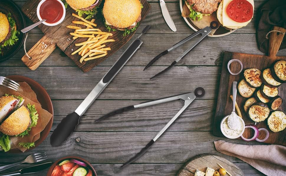 Kitchen Tongs for Cooking, Locking Silicone Tongs, Stainless Steel Serving Tongs, 7, 9, and 12 In Locking Food Tong