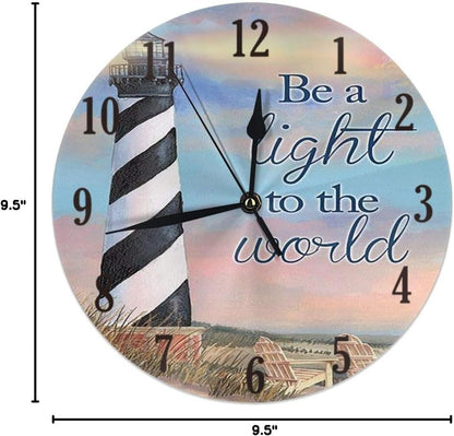 KiuLoam Summer Coastal Lighthouse Round Wall Clock, Silent Non-Ticking, Battery Operated, Easy to Read Decorative Art