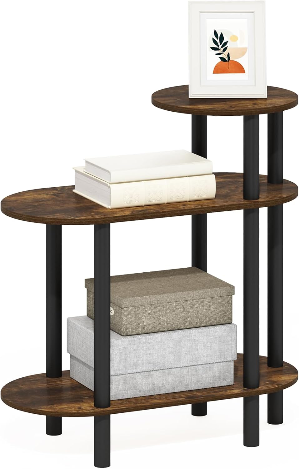 3-Tier Furinno Turn-N-Tube Side Table, Oval Sofa End Table with Open Shelf, Toolless Assembly Night Stand, Bedside