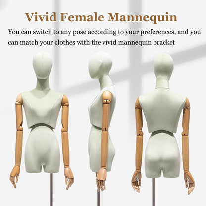 Premium Female Mannequin Rotatable Head/Torso, Solid Wood Arms Dress Form Sewing Mannequin , Heavy-Duty Adjustable Metal Base(Blue)