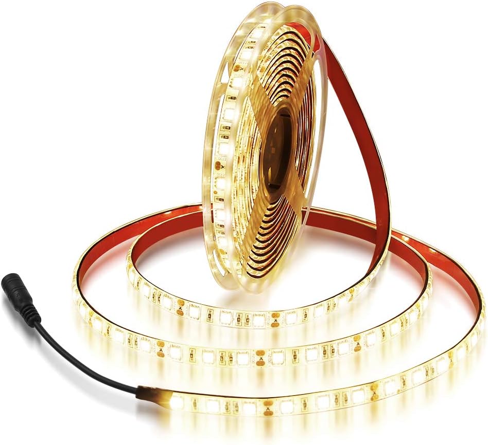 16.4ft 3500K 5050 5M 300 IP65 12V Commercial ALITOVE Warm White SMD LED Flexible Strip Ribbon Light LEDs Waterproof DC