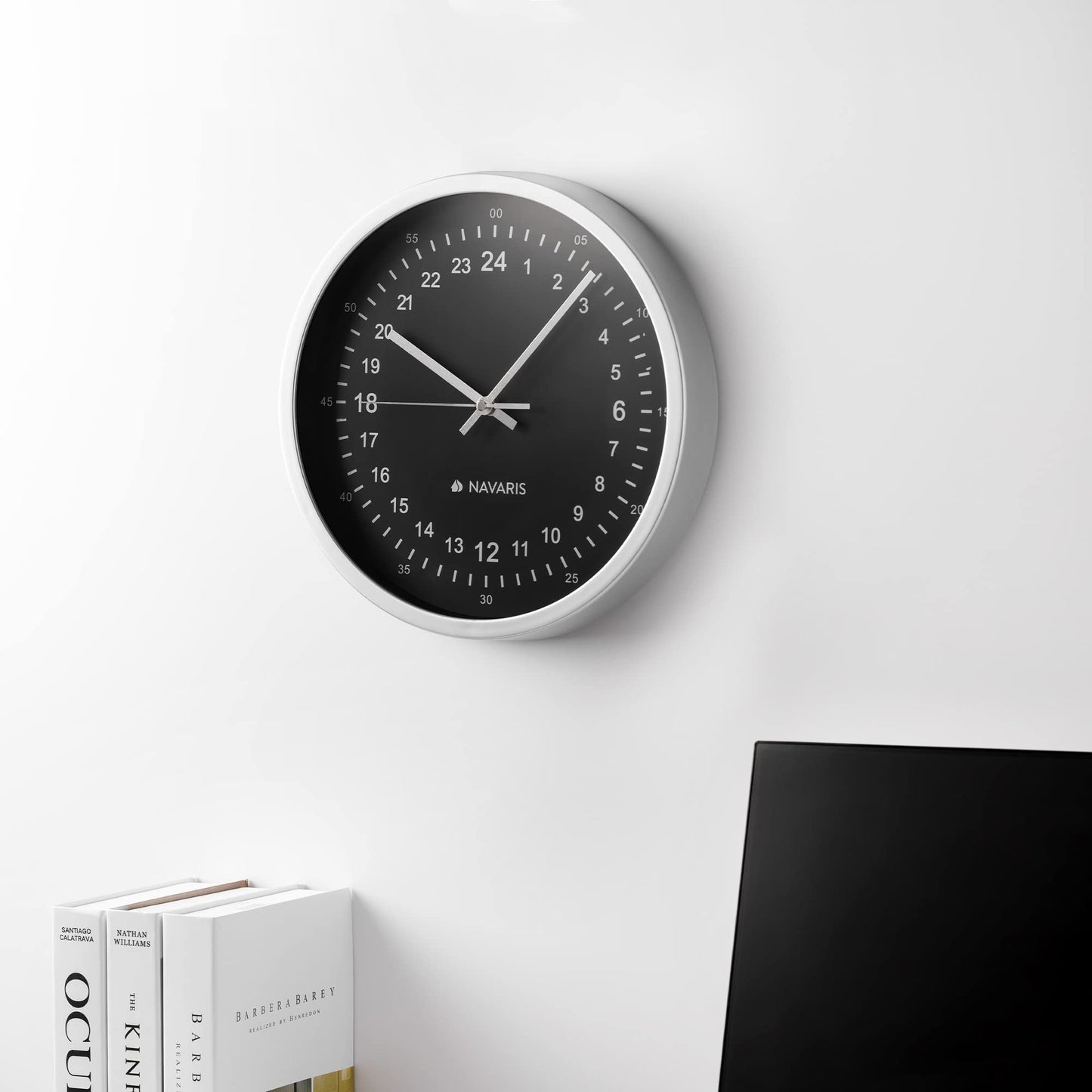 Navaris 24 Hour Wall Clock - 11.8" Analog Military Time Clock with Silent Movement Non-Ticking Hands - Battery Operated - Silver Frame with Black Face