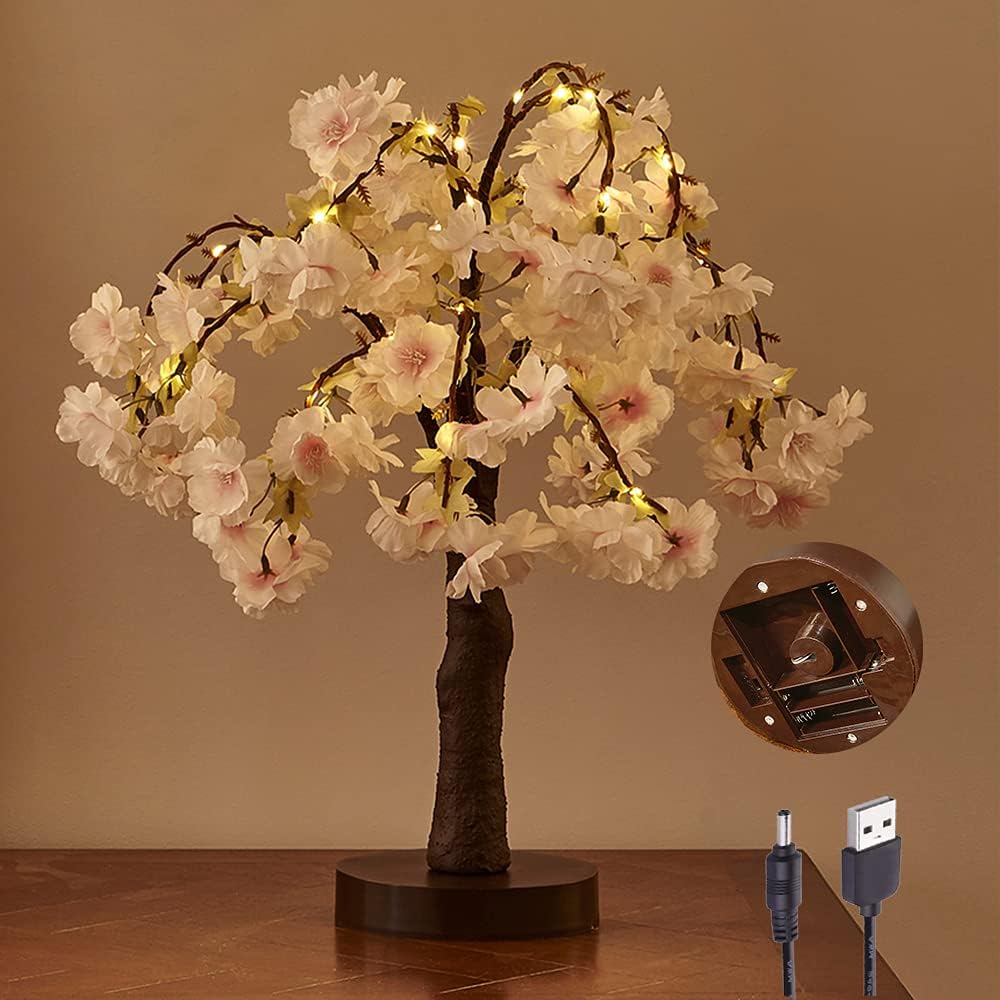 18IN 40 Hairui Lighted Cherry Blossom Tree Battery Operated Warm White LED Artifical Bonsai Tree with Timer USB Plug