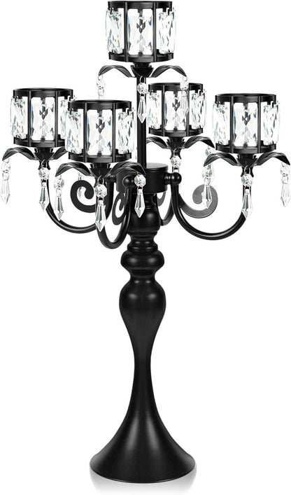 Skiennix 5-Arm Crystal Pendant Candle Holder - Elegant 22-Inch Tall Wedding Centerpiece | Black Finish