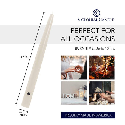 Colonial Candle Unscented Taper Candle, Handipt Collection, Ivory, 12 In, Pack of 12 - Up to 10 Hours Burn