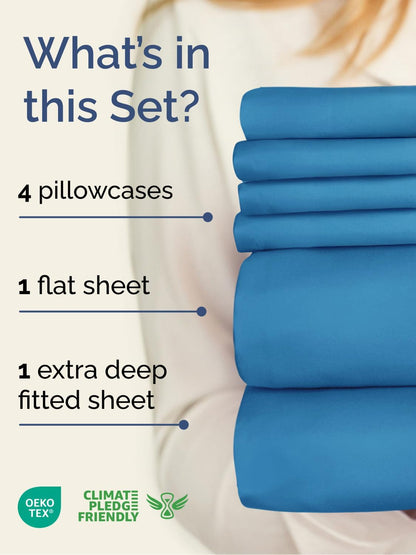 Skiennix Extra Deep Full Sheet Set - 6 Piece Breathable Cooling Sheets - Hotel Luxury Bedding - Denim Blue