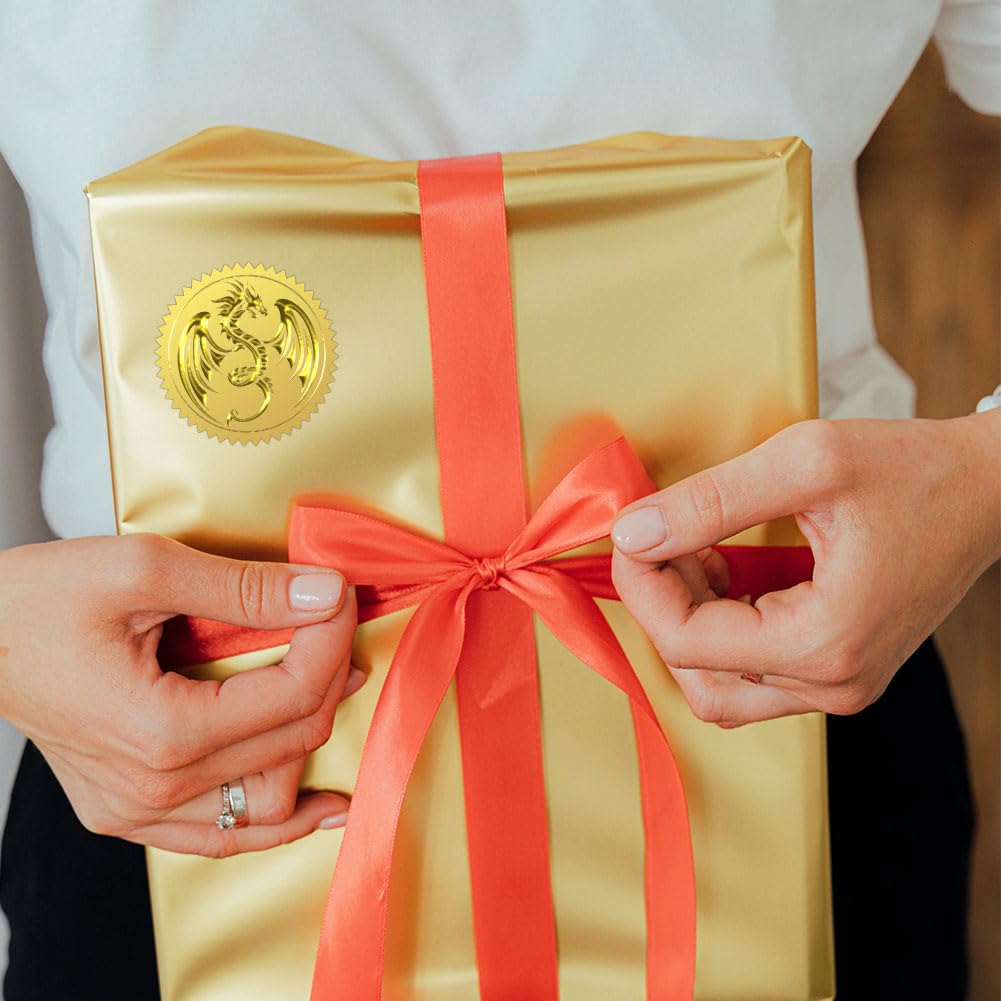 WADORN 100Pcs 2'' Dragon Embossed Gold Foil Seals, Self Adhensive Animal Round Gold Seals Sticker Labels Vintage Dragon Sticker for Envelopes Invitation Card Diplomas Awards Graduation