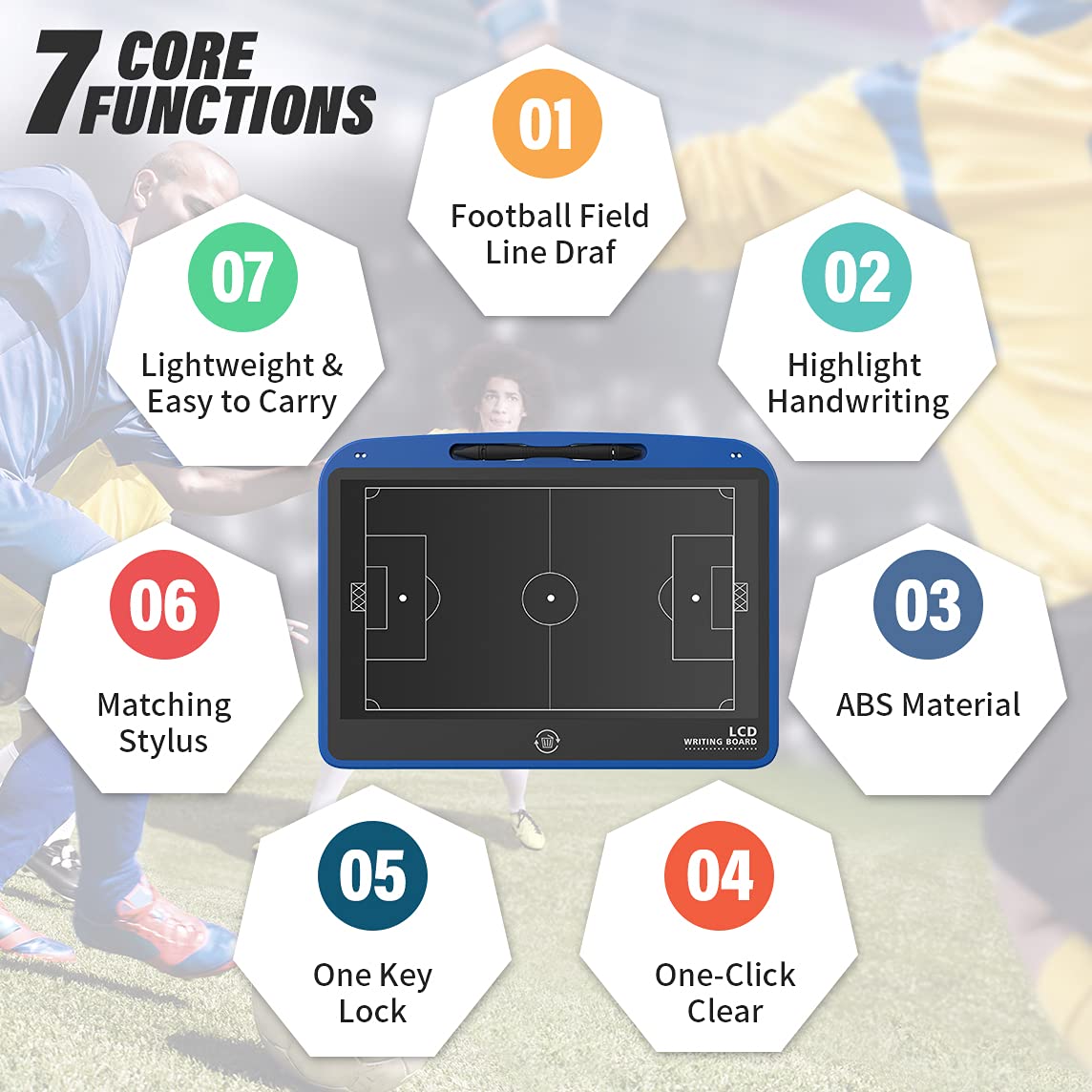 VNVDFLM 13.5’’ Electronic Football Tactical Board Soccer Coaching Board,LCD Soccer Strategy Board with Stylus Pen,Football Marker Board Training Writing Tablet Perfect Coach Gifts-Football Blue