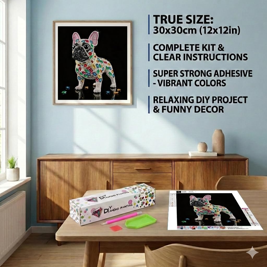 ZenPhyralis French Bulldog Diamond Painting Kit for Adults, 12x12 Full Drill Art with Resin & Special Shaped Gems, Frenchie Gift, Desk or Wall Decor