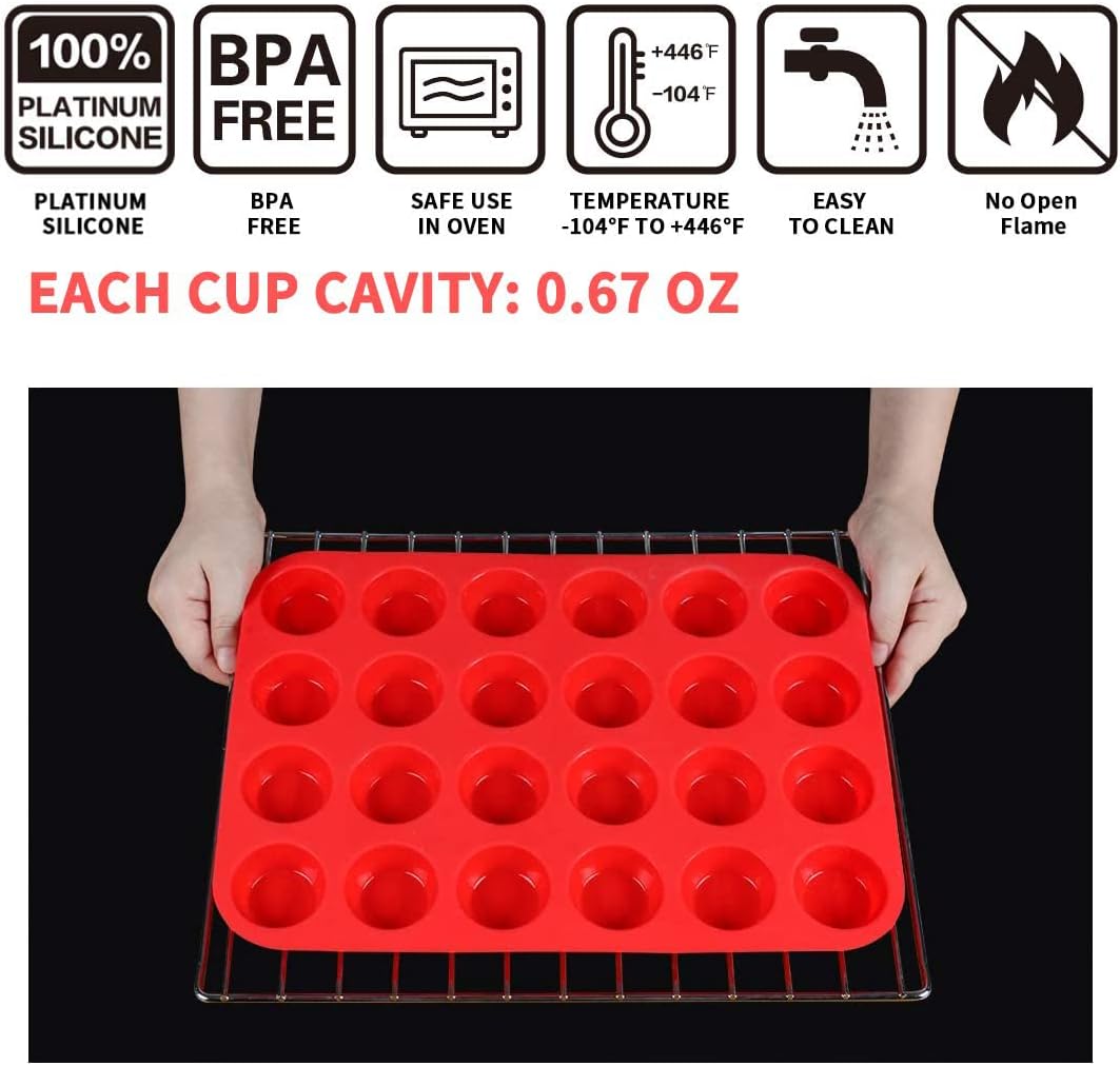 Mini Muffin & Cupcake Set, 24 Cups Nonstick Silicone Baking Pan, BPA Free, Dishwasher Safe, 2 Pieces (Red)