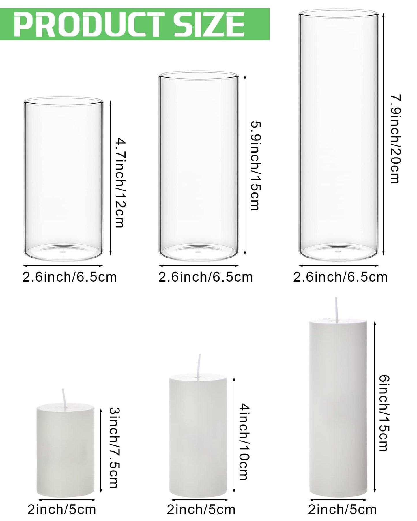 Shihanee Set of 36 Pillar Candles and Glass Cylinder Vases Clear Cylinder Holders for Slim Pillar Candles Wedding Centerpieces(2.6'' X 4.7'', 5.9'', 7.9'',White)