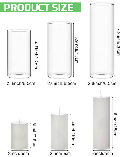 Shihanee Set of 36 Pillar Candles and Glass Cylinder Vases Clear Cylinder Holders for Slim Pillar Candles Wedding Centerpieces(2.6'' X 4.7'', 5.9'', 7.9'',White)