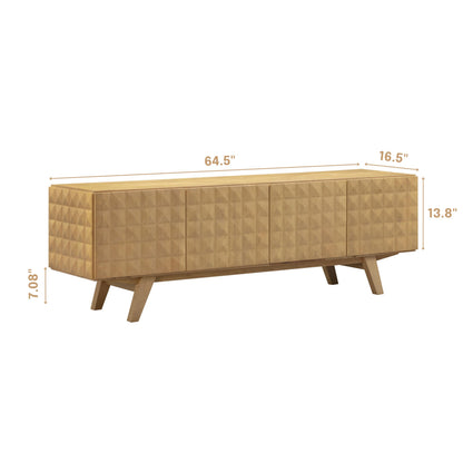 NTC Sapa Mid-Century Modern Solid Wood TV Stand 4-Door Media Console with Carved Geometric Fronts for TVs up to 75", Effortless Assembly, Sand