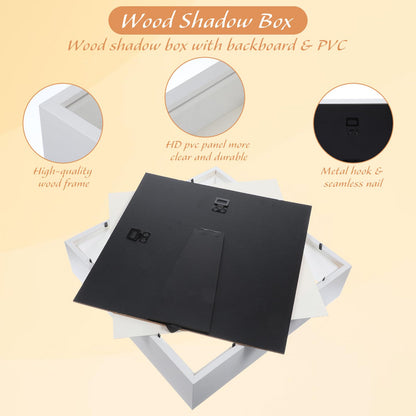 2 Pcs Shadow Boxes Display Cases, 10"x10" Deep Wood Glass 3D Shadow Box Set for Wall and Tabletop Baby Sports (White)