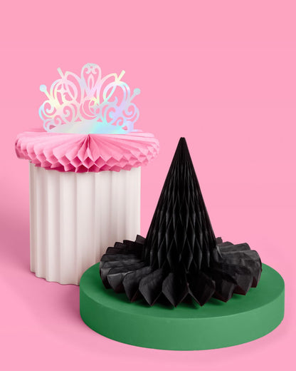 xo, Fetti Witch Party Hanging Decor - Set of 4 | Pink Tiara + Black Hat | Iridescent Centerpieces, Magical Birthday Decorations, 3D Tabletop Setting
