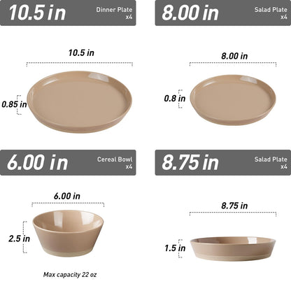 Famiware Saturn 16 Pieces Plates and Double Bowls Sets for 4, Stoneware Dinnerware Set with Pasta Bowl, Dish Set with Trim - Chip & Scratch Resistant, Microwave & Dishwasher Safe, Cinnamon Brown