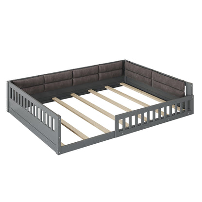 Merax Full Size Upholstered Platform Bed with Guardrail & Pillow, Solid Pine Wood Bed Frame, No Box Spring Needed, 600 lbs Capacity Safety Guaranteed Easy to Assemble for Bedroom, Gray
