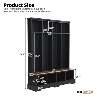 WZONICE98 76.7" Hall Tree with 8 Hooks, Farmhouse Entryway Bench with Shoe Storage Compartments, 3-in-1 Coat and Shoe Rack for Mudroom, Living Room, Black