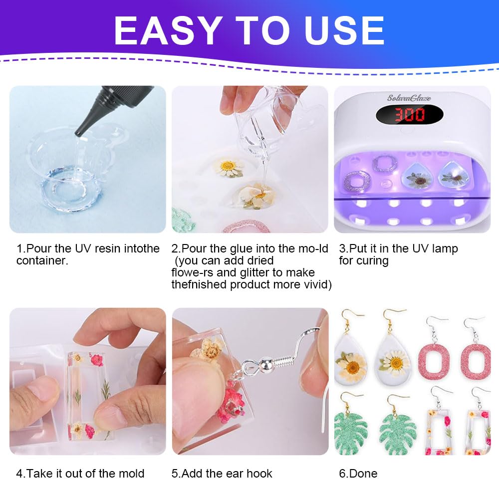 SolaraGlaze UV Resin Kit with Light 240g Hard Type Clear UV Resin Jewelry Making Kit Two-Sided Light and Molds DIY Jewelry Making Supplies for Keychain and Earring