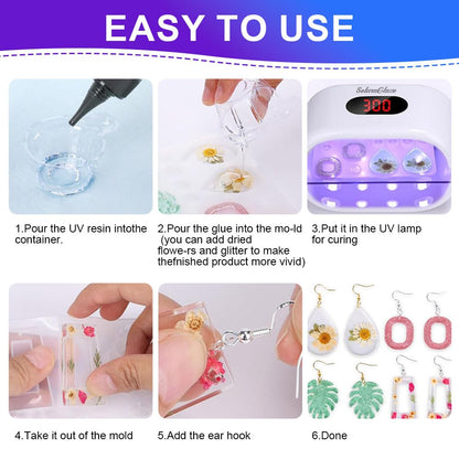SolaraGlaze UV Resin Kit with Light 240g Hard Type Clear UV Resin Jewelry Making Kit Two-Sided Light and Molds DIY Jewelry Making Supplies for Keychain and Earring