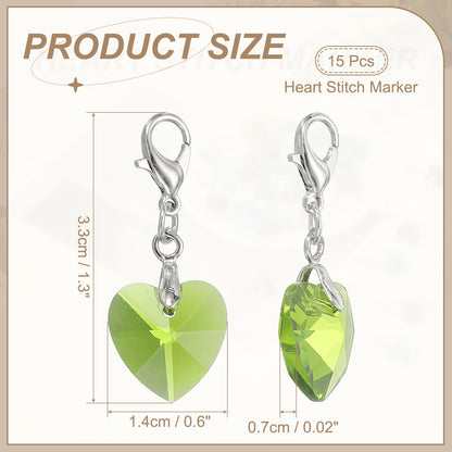uxcell 15 Pcs Heart Stitch Markers, Locking Crystal Crochet Stitch Marker for Knitting, Heart Clip-on Charm for DIY Handcraft Jewelry Necklace Making, Olive Green