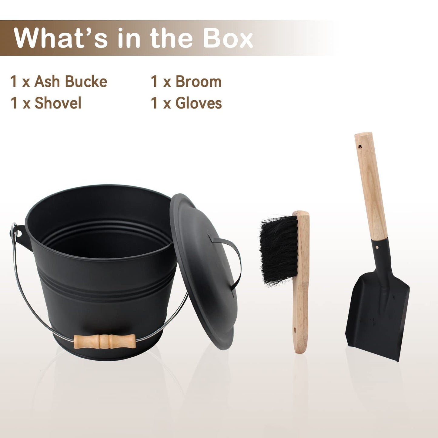 Poofzy Ash Bucket with Lid, Small Fireplace Ash Bucket with Lid and Shovel, 1.3 Gallon Metal Bucket for Fireplace with Hand Broom and Gloves, Fireplace Bucket for Ashes for Wood Stove and Fire Pit