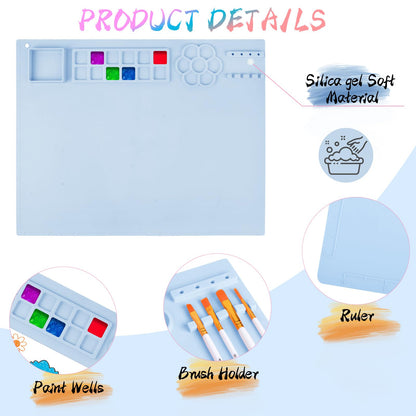 Painting Station, Silicone Painting Mat and Paint Brush Cleaner, 20"X16" Silicone Art Mat with 10 Paint Brushes, Paint Brush Rinser, Art Painting Supplies Set (Blue)