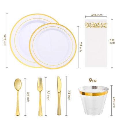 VajilaPhil 350-Piece Gold Rim Plastic Dinnerware Set for 50 Guests, Elegant Disposable Dinnerware for Party, Wedding. Includes Dinner Plates, Dessert Plates, Gold Silverware, Napkins, Cups