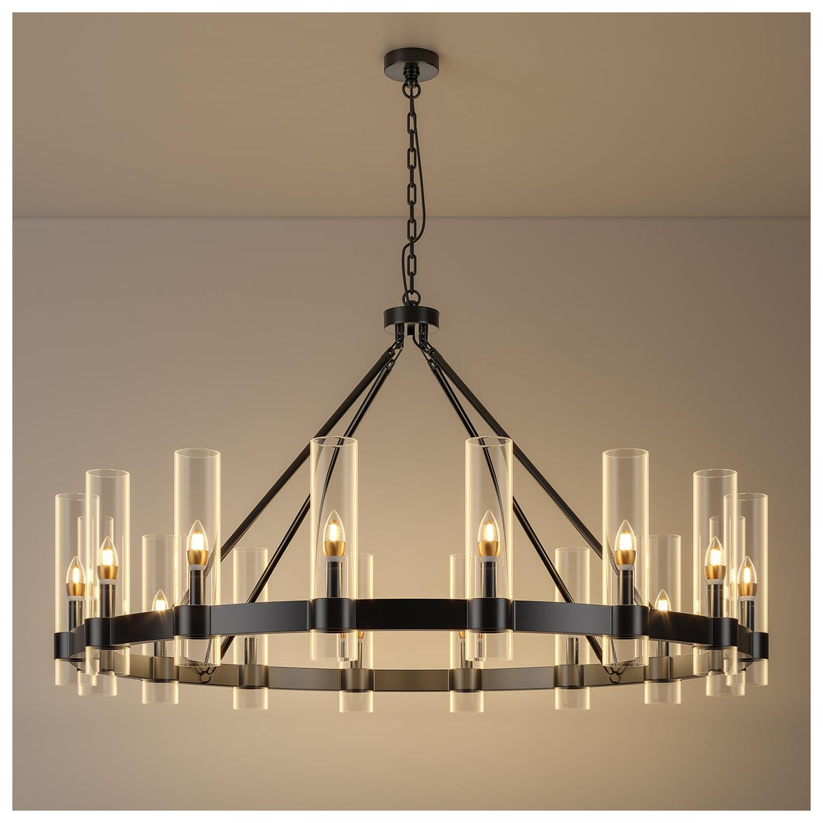 AEULYTIR 48 Inch Black Wagon Wheel Chandelier with Glass Shade, 16 Lights, Modern Farmhouse Style, Ideal for Dining Room, Kitchen, Entryways