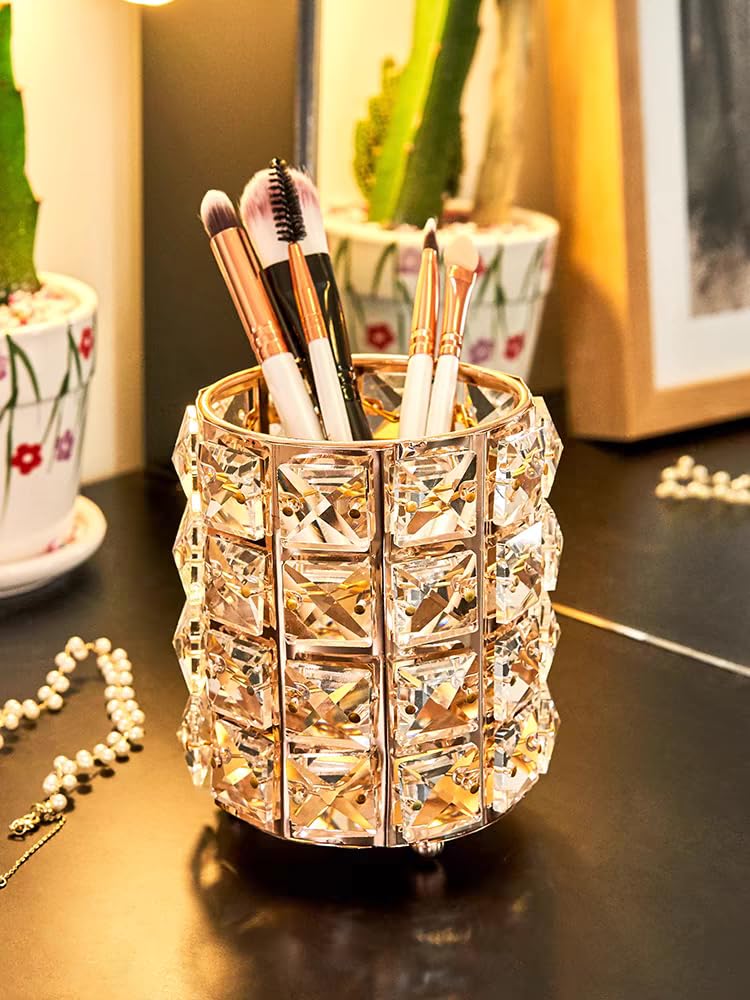 JOSALINAS Golden Crystal Makeup Brushes Holder Organizer for Cosmetics Comb Brushes, Eyebrow Pen Pencil Storage Case Container, Golden